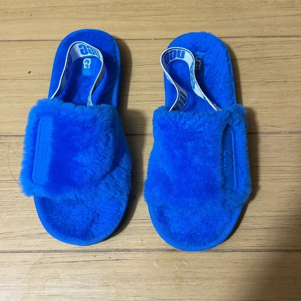 UGG Fluffita Royal Blue Faux Fur Slingback Slipper Slides Kids Size‎ 5